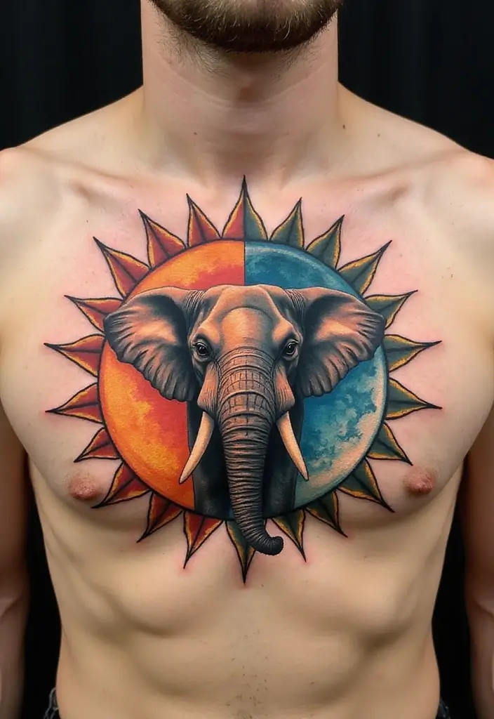 30 Elephant Tattoo Designs That Represent Strength and Wisdom - 22. Elephant with Sun and Moon