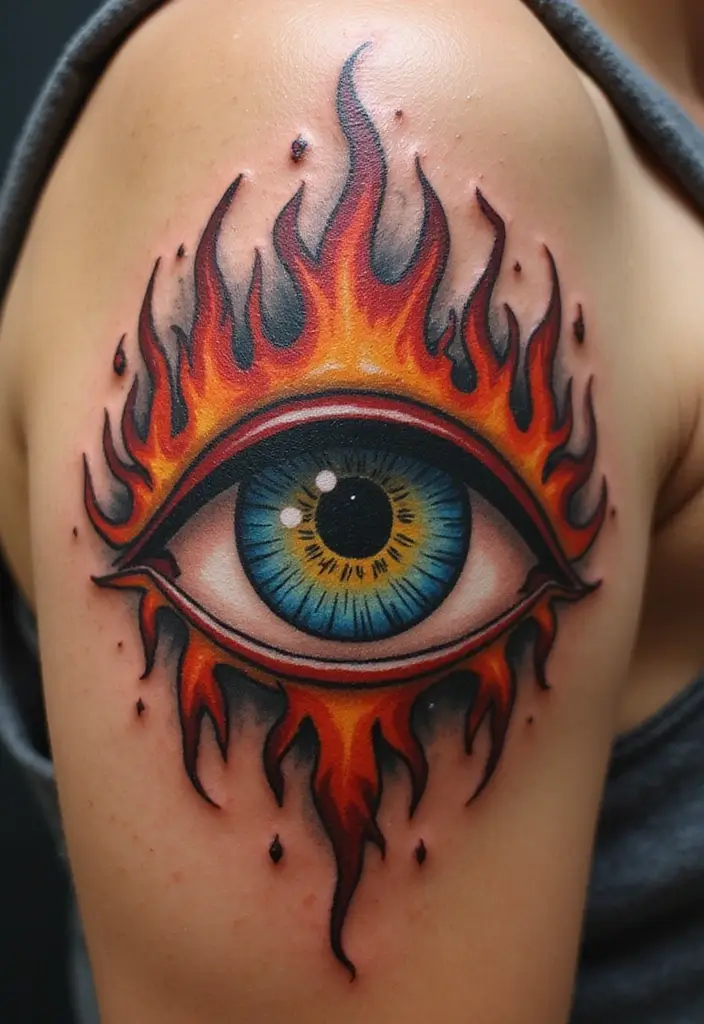 30 Evil Eye Tattoo Designs for Protection and Style - 22. Evil Eye with Flames