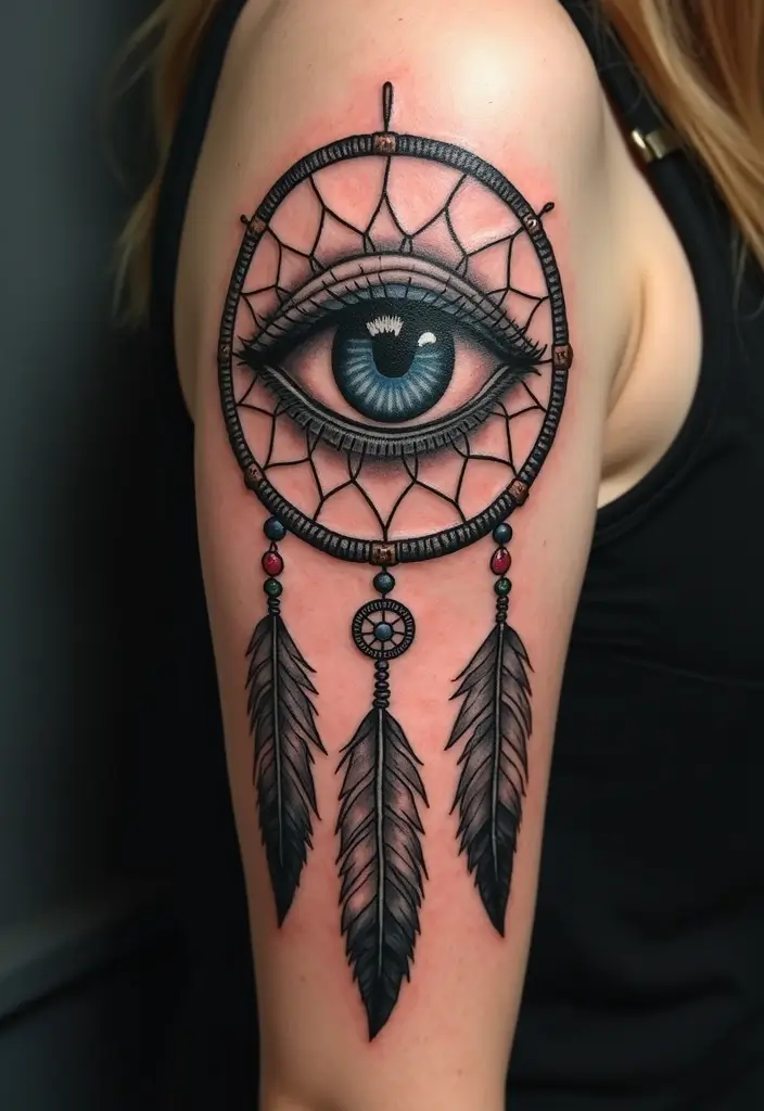 30 Greek Eye Tattoo Meaning and Stunning Design Ideas - 22. Greek Eye with Feather and Dreamcatcher