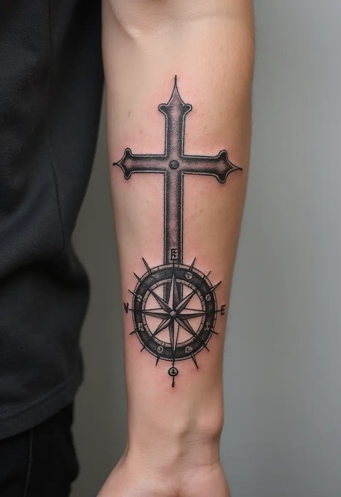 30 Hand Cross Tattoos That Blend Faith and Style - 22. Cross with a Compass