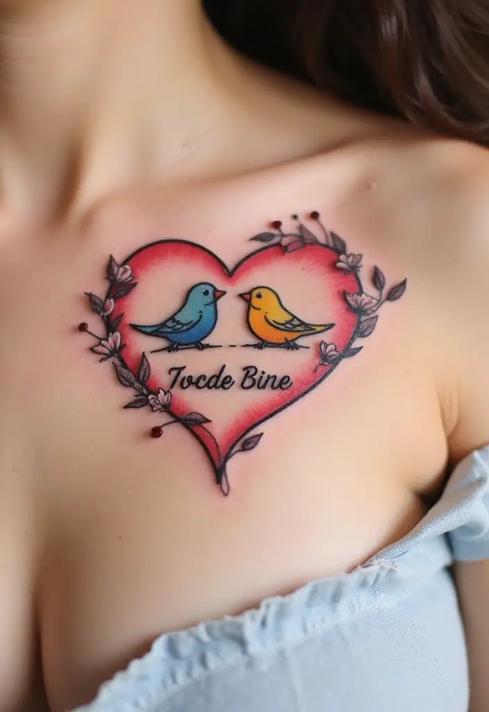 30 Heart Tattoos with Names to Celebrate Love and Bonds - 22. Heart with Lovebirds and Name