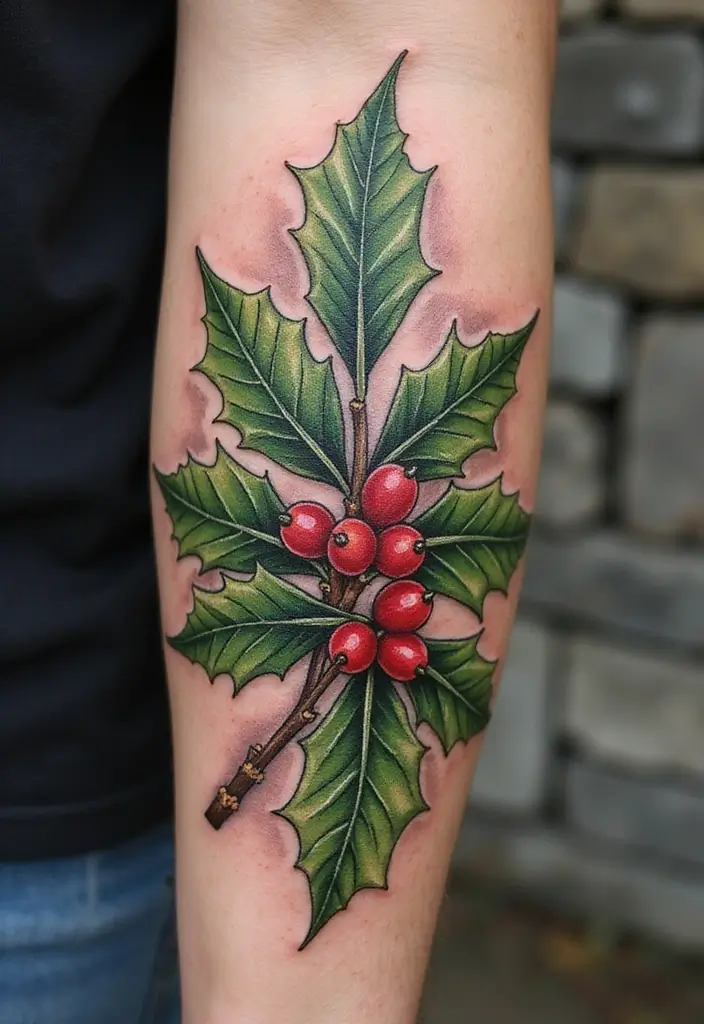 30 Holly Tattoo Meaning and Creative Design Ideas - 22. Holly Tattoo with Natural Textures