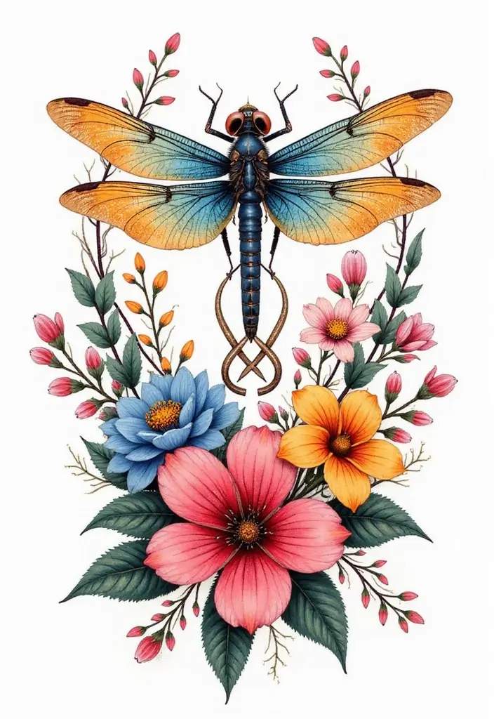 30 Infinity Dragonfly Tattoo Designs with Meaning - 22. Radiant Flora and Dragonfly