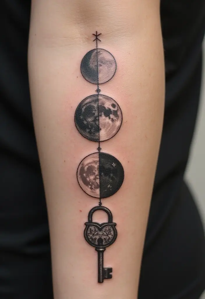 30 Key Lock Tattoo Ideas Symbolizing Love and Mystery - 22. Moon Phases with Key Lock