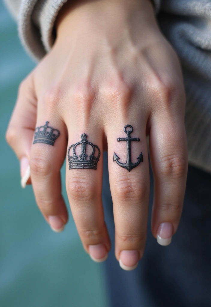 30 King and Queen Tattoos Finger Designs for Couples - 22. Crown and Anchor Tattoo