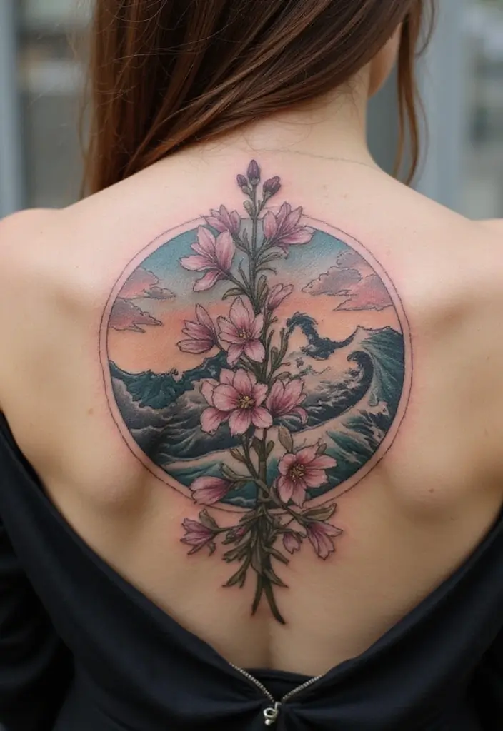30 Larkspur Tattoo Designs Inspired by Birth Flowers - 22. Larkspur and Ocean Waves