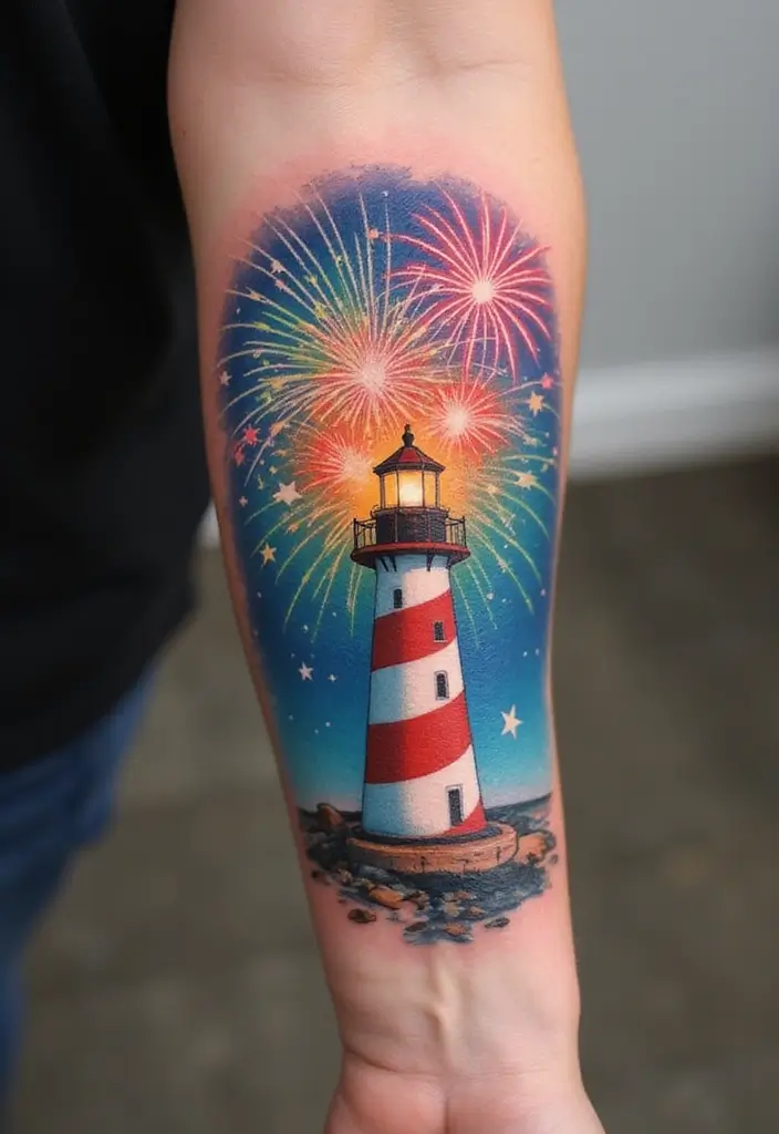 30 Lighthouse Forearm Tattoo Ideas That Guide the Way - 22. Lighthouse and Fireworks