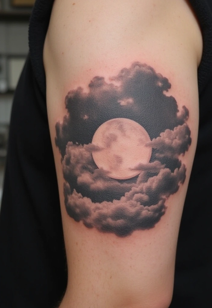30 Moon Tattoos for Men That Radiate Power and Mystery - 22. Moon with Clouds