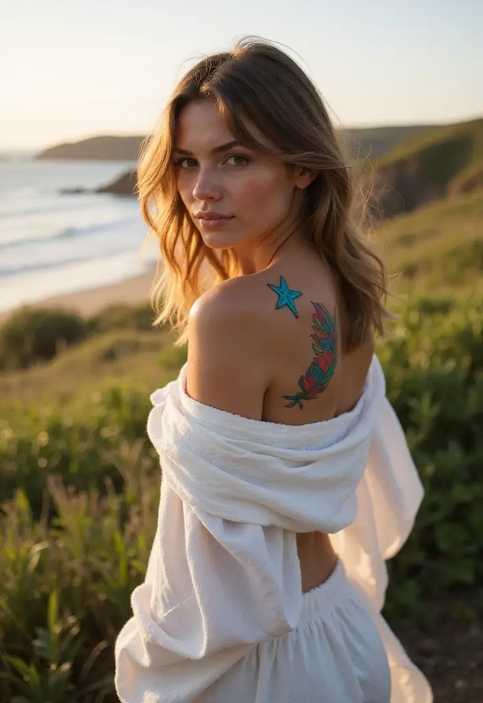 30 Nautical Star Tattoos for Classic Sailor Style - 22. Nautical Star with a Feather