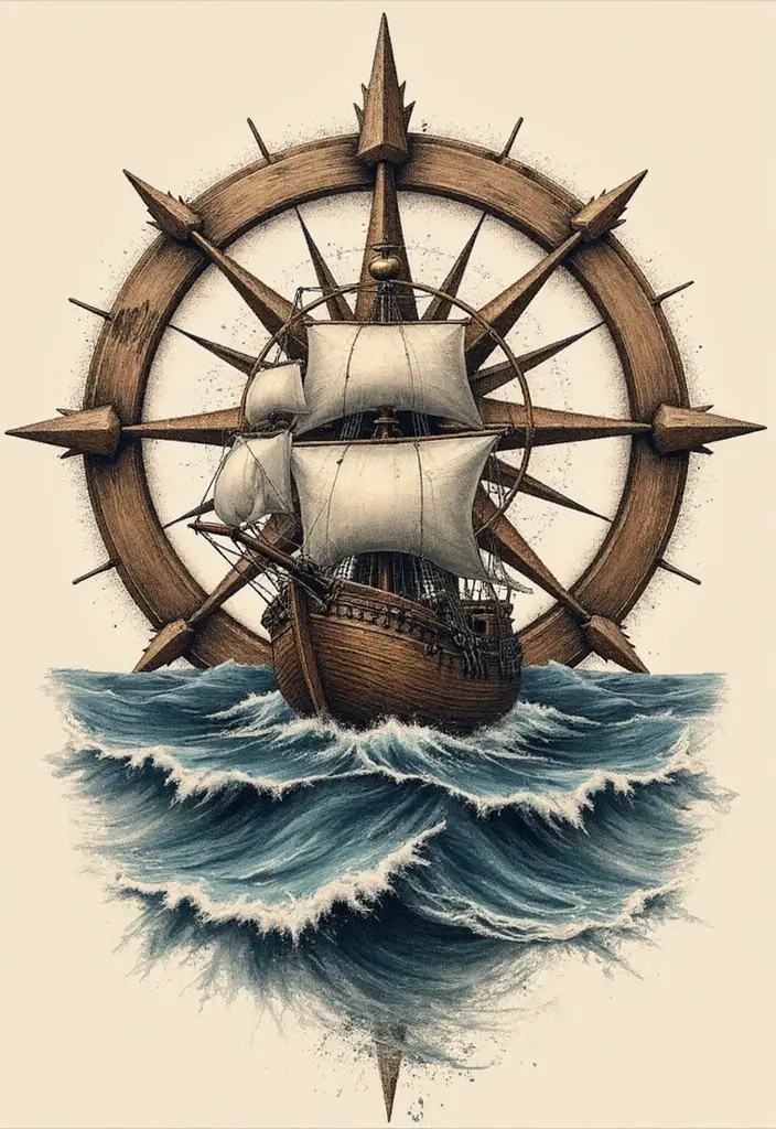 30 Pirate Ship Tattoo Designs for Ocean Lovers - 22. Pirate Ship and Compass Integration