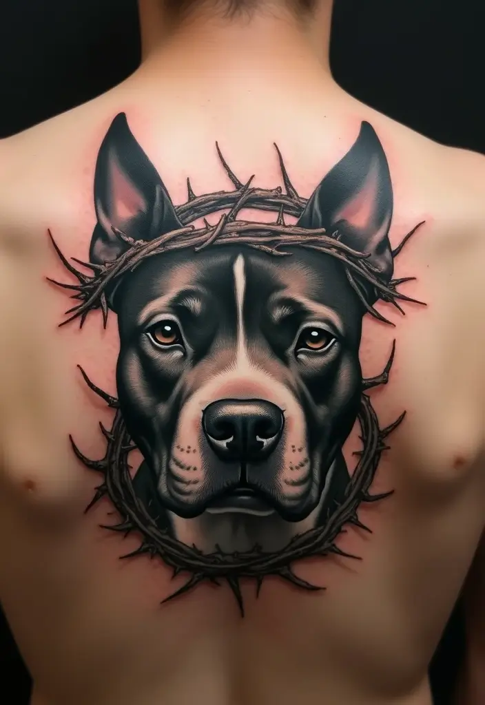 30 Pitbull Tattoo Designs Celebrating Strength and Loyalty - 22. Pitbull and Crown of Thorns