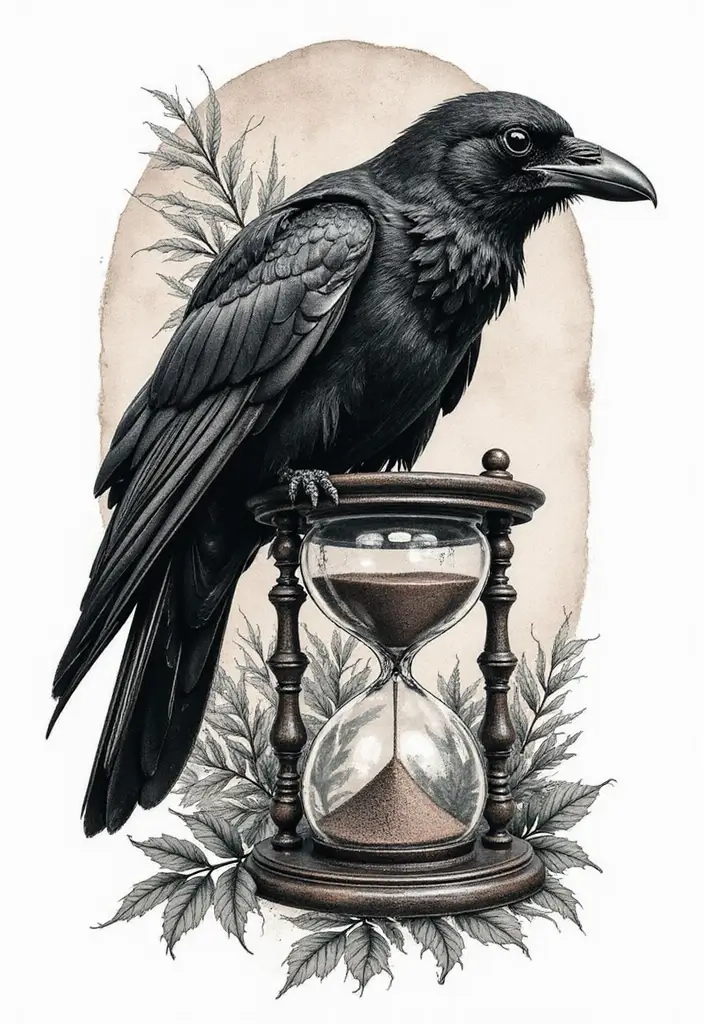 30 Raven Tattoo Shoulder Designs That Look Powerful - 22. Raven and Hourglass