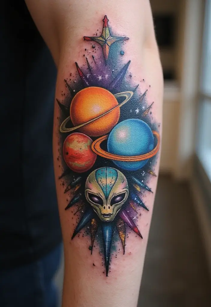 30 Realistic Alien Tattoo Inspirations That Look Out of This World - 22. Planetary Alien Connections