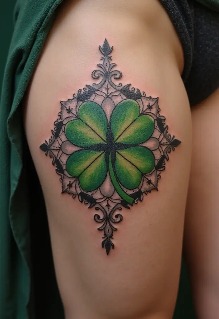 30 Realistic Four Leaf Clover Tattoo Inspirations for Luck - 22. Mandala Elements