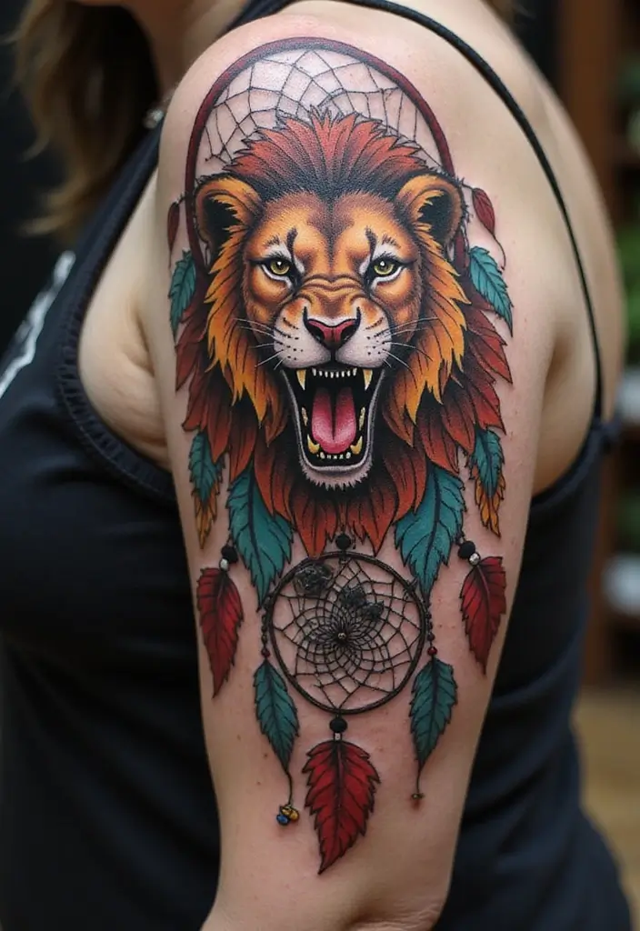 30 Roar Lion Tattoo Inspirations That Show Strength - 22. Lion with Dreamcatcher: Protective Spirit