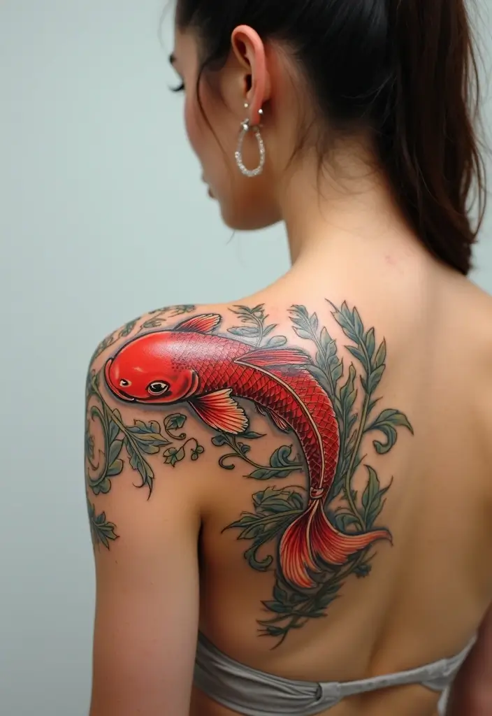 30 Shoulder and Back Tattoos for Women That Look Stunning - 22. Koi Fish