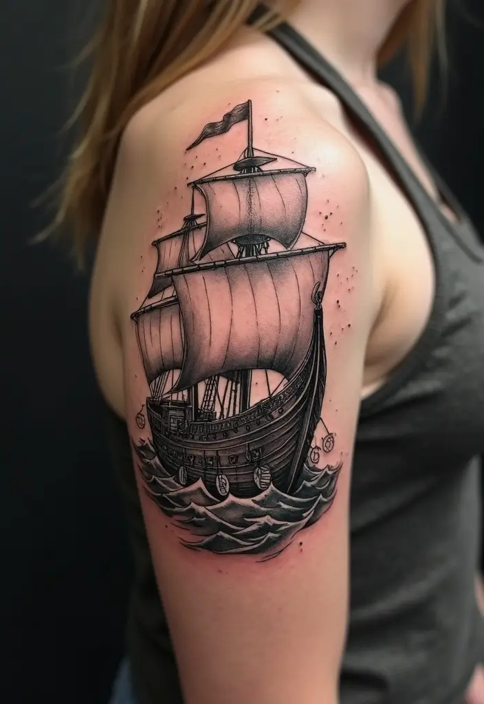 30 Shoulder and Back Tattoos for Guys with Masculine Energy - 22. The Viking Ship