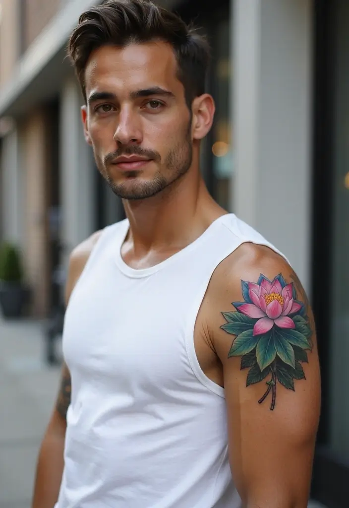30 Shoulder Tattoos for Men with Meaningful Designs - 22. Lotus Flower: Purity and Enlightenment
