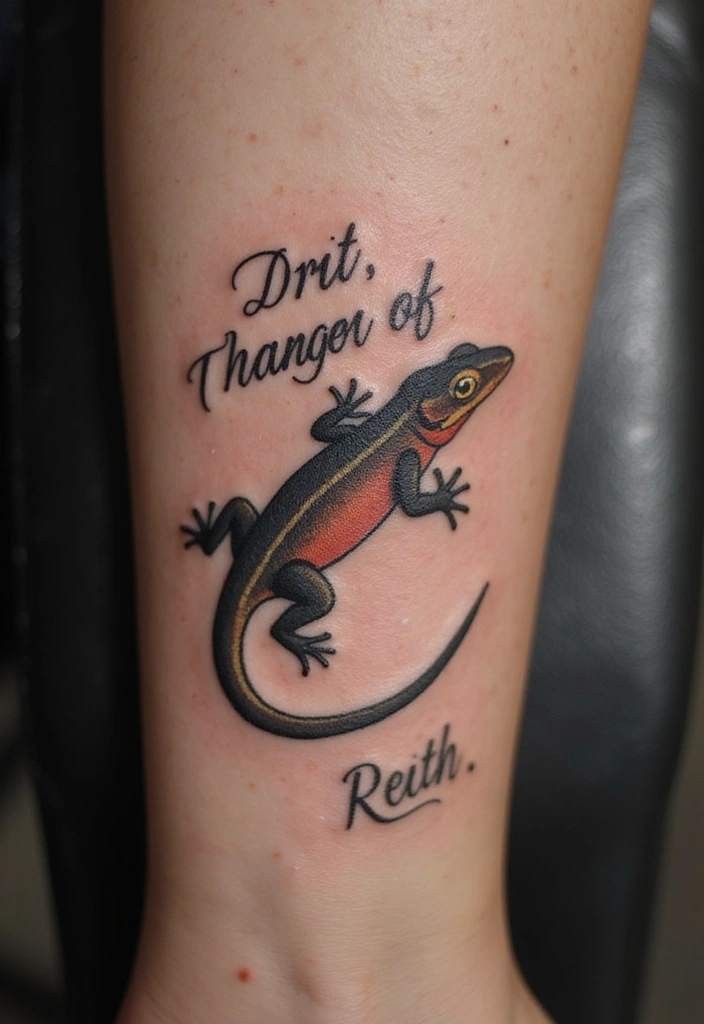 30 Small Lizard Tattoo Designs That Look Unique - 22. Lizard with an Inspirational Quote