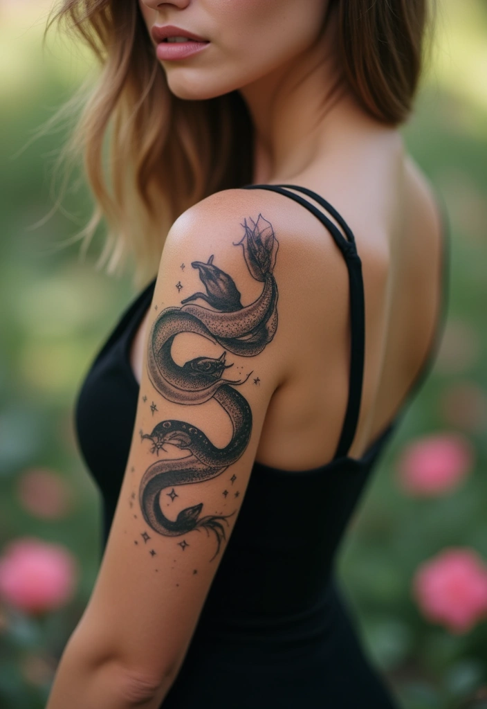 30 Snake Body Tattoo Designs That Look Striking - 22. Snake with Stars