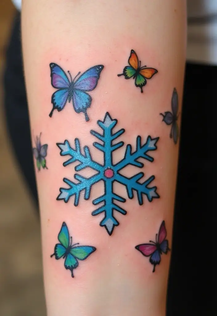 30 Snowflake Tattoo Ideas with Delicate and Unique Patterns - 22. Snowflake with Butterflies