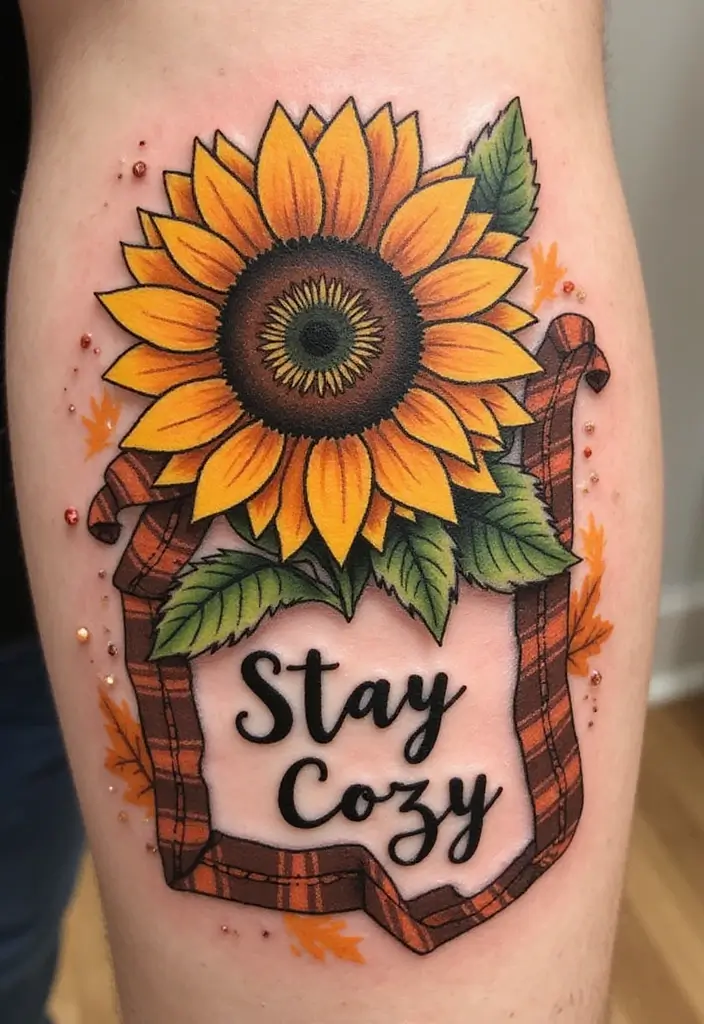 30 Sunflower and Quote Tattoo Ideas Full of Positivity - 22. Sunflower and Plaid with 'Stay Cozy'