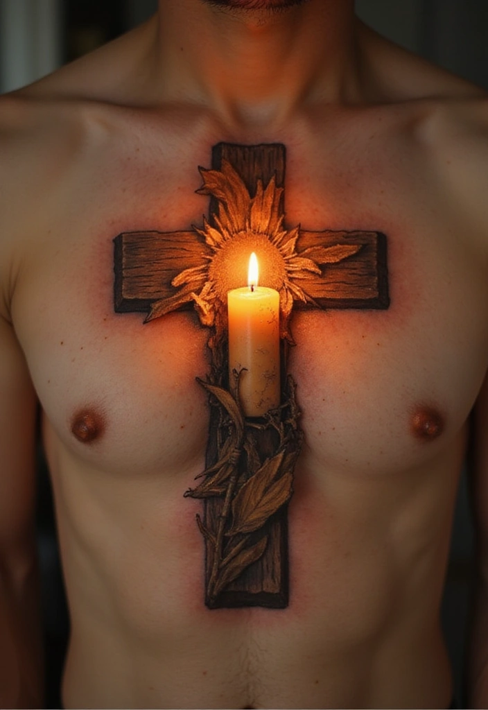30 Tattoo Cross 3D Designs That Look Realistic - 22. Cross with Candle