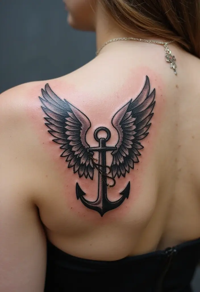 30 Shoulder Wing Tattoo Ideas with Angelic Inspiration - 22. Angel Wings with Anchors