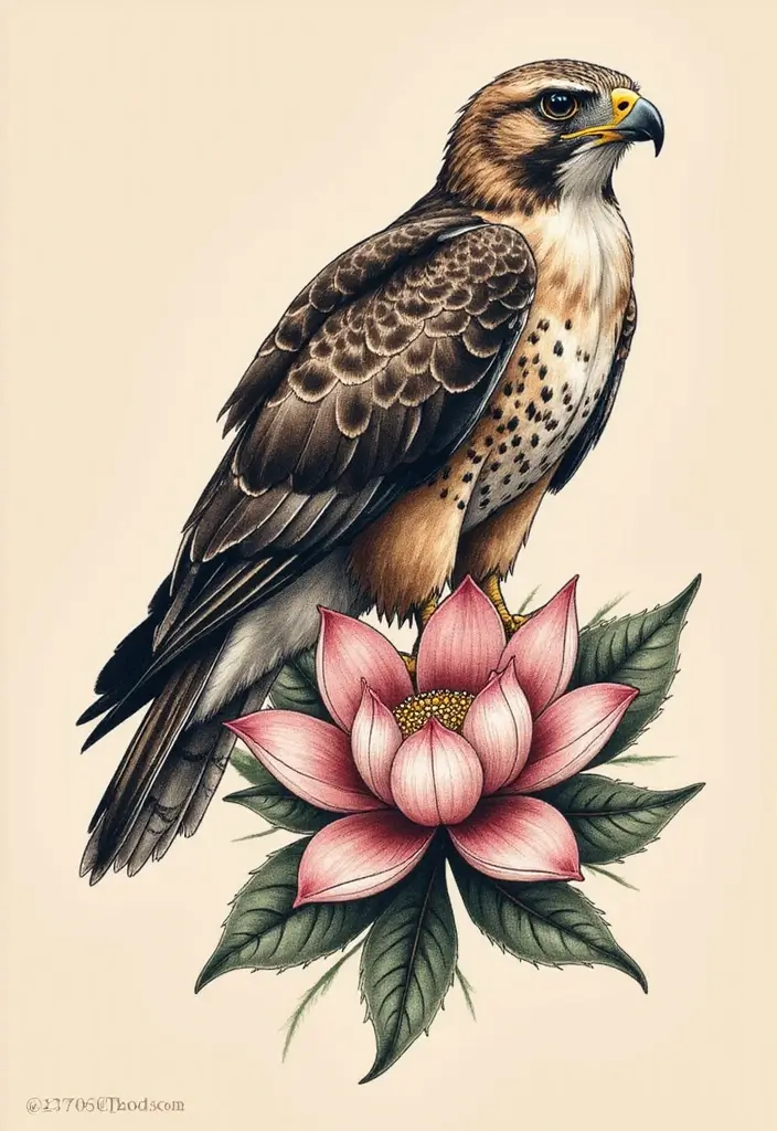30 Hawk Tattoo Designs That Represent Vision and Strength - 22. Hawk and Lotus