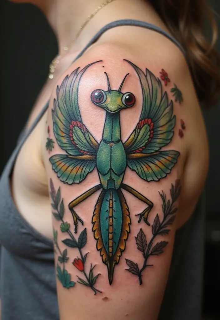 30 Traditional Praying Mantis Tattoo Ideas You’ll Love - 22. Four Seasons Mantis