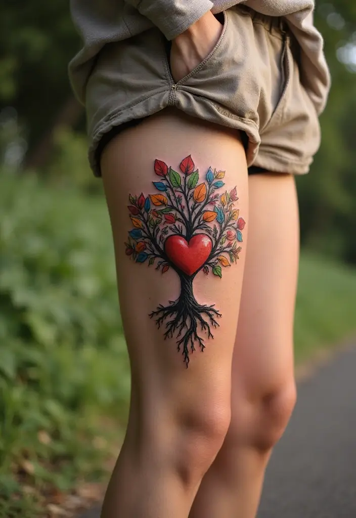 30 Tree Leg Tattoo Designs for Nature-Inspired Ink - 22. Tree with a Heart