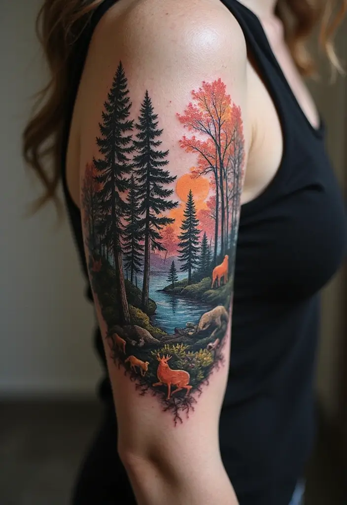 30 Tree on Shoulder Tattoo Ideas That Look Stunning - 22. Forest Landscape
