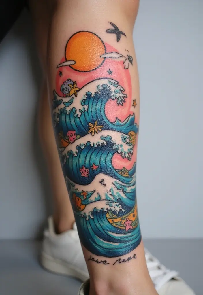 30 Wave Tattoo Sleeve Ideas That Make a Bold Statement - 22. Whimsical Wave Illustrations