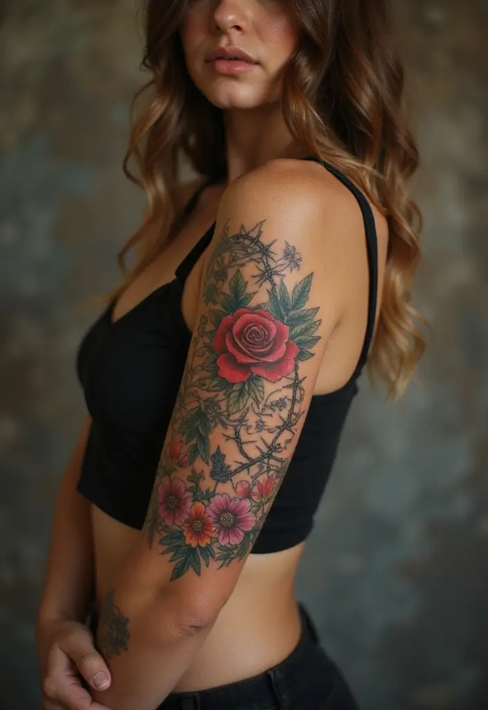 30 Women’s Feminine Arm Tattoos That Look Stylish - 22. Floral Barbed Wire Tattoos