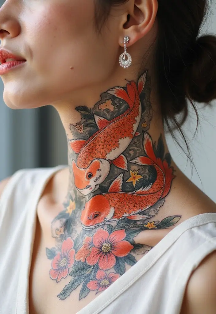 30 Women's Throat Tattoos That Are Edgy and Elegant - 22. Traditional Japanese Art