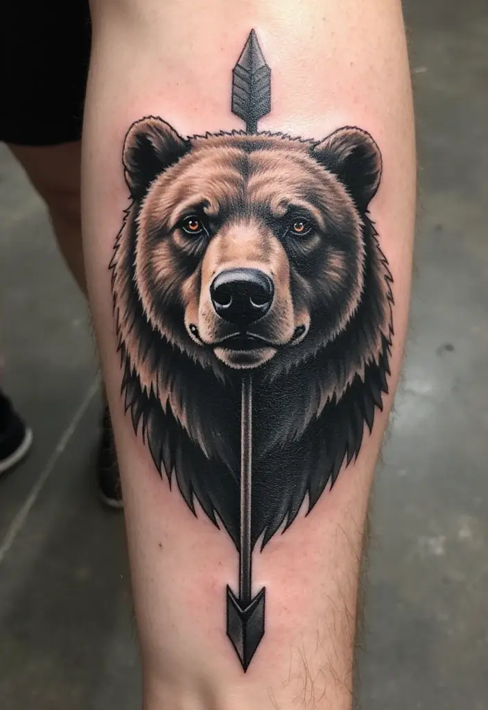 30 Bear Shoulder Tattoo Inspirations with Power and Strength - 23. Bear with an Arrow