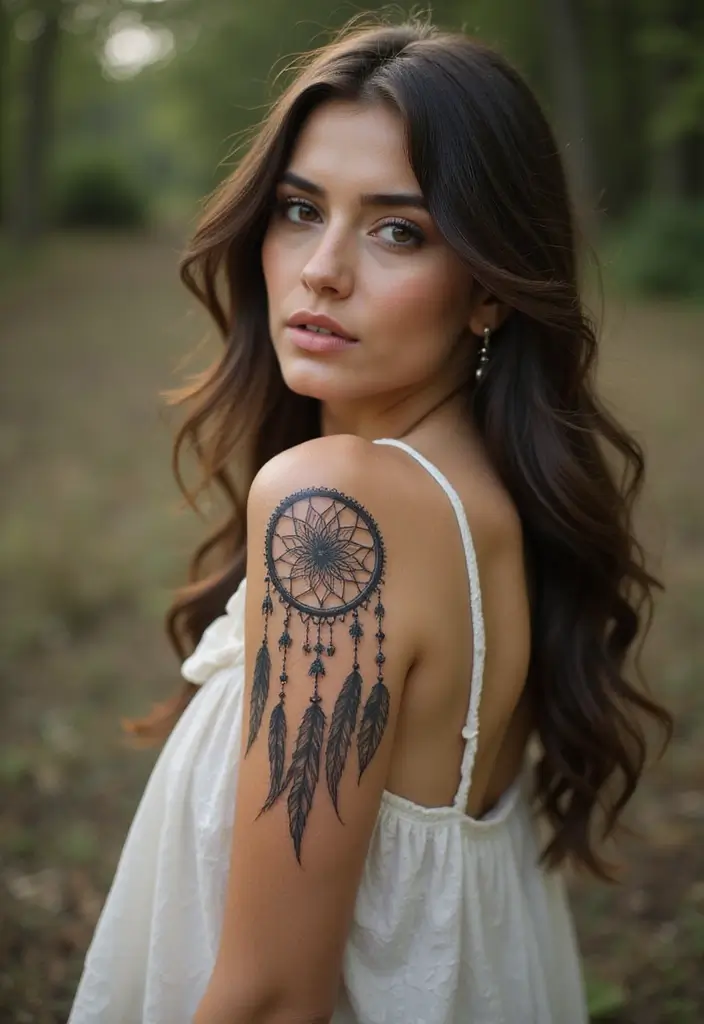 30 Black Hair Tattoos That Make a Bold Statement - 23. Dreamcatcher Hair Art