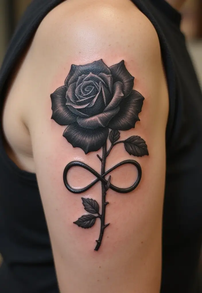 30 Black Rose Tattoo Meaning and Design Inspirations - 23. Black Rose with Infinity Symbol