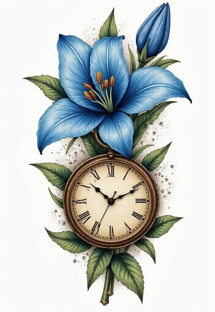 30 Blue Lily Tattoo Designs That Look Elegant - 23. Blue Lily with Clock
