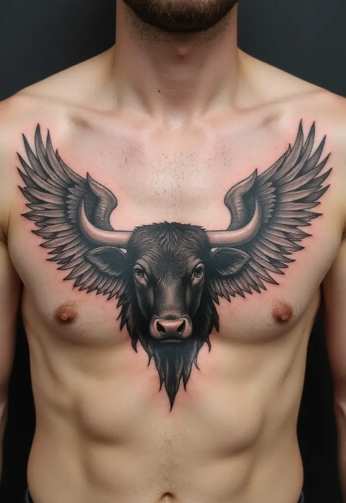 30 Bull Tattoo Chest Ideas Full of Strength - 23. Bull with Wings