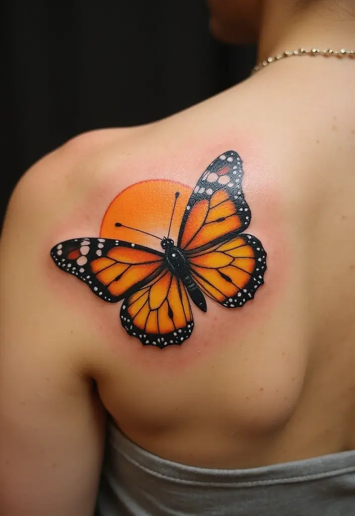 30 Butterfly Tattoos on Shoulder for Graceful Inspiration - 23. Butterfly and Sun