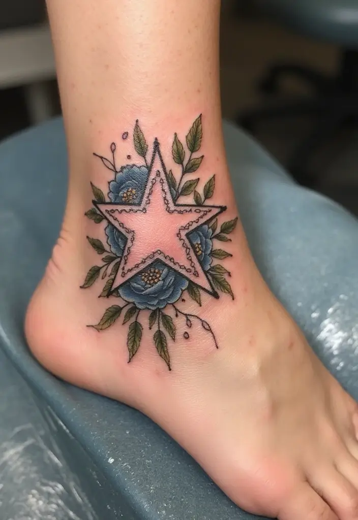 30 Celestial Star Tattoo Inspirations Full of Magic - 23. Star Tattoos with Floral Elements