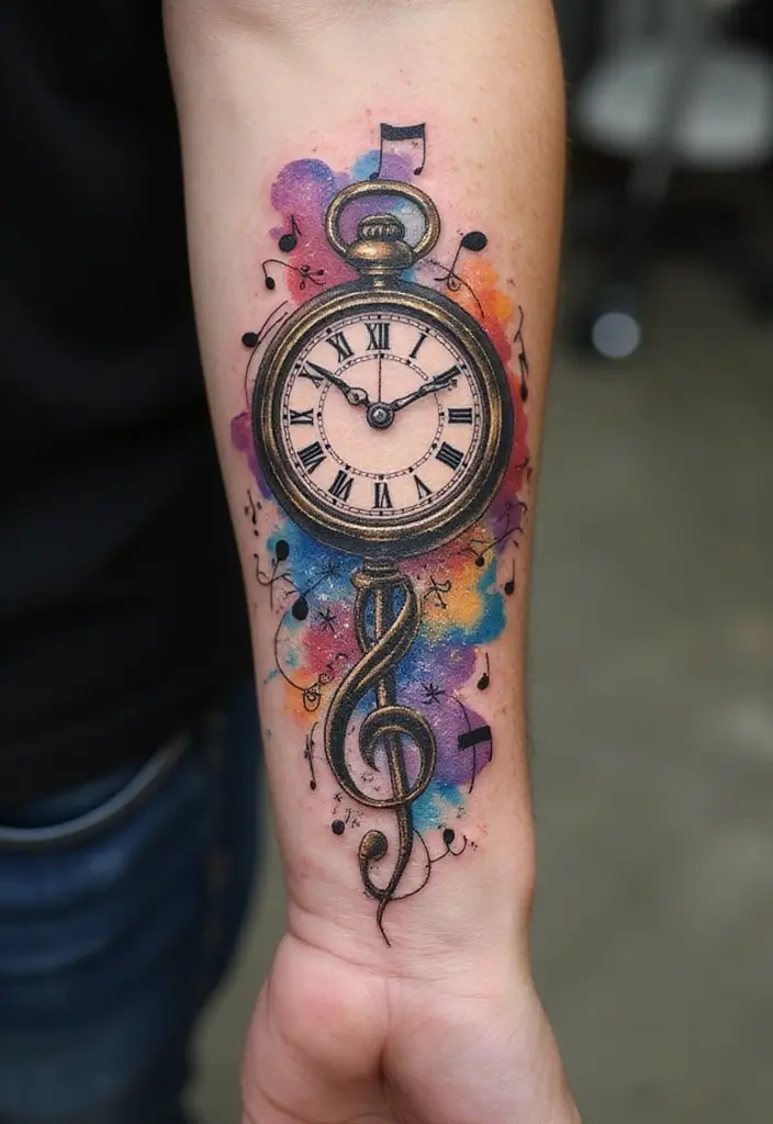 30 Clock Tattoo on Hand Ideas That Stand the Test of Time - 23. Clock with Music Elements