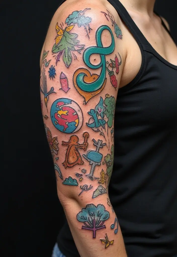 30 Colorful Arm Tattoos That Pop with Style - 23. Themed Collage