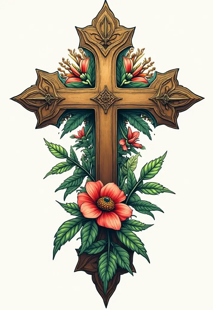 30 Cross with Flowers Tattoo Ideas That Blend Faith and Beauty - 23. Cross with Fern and Flowers