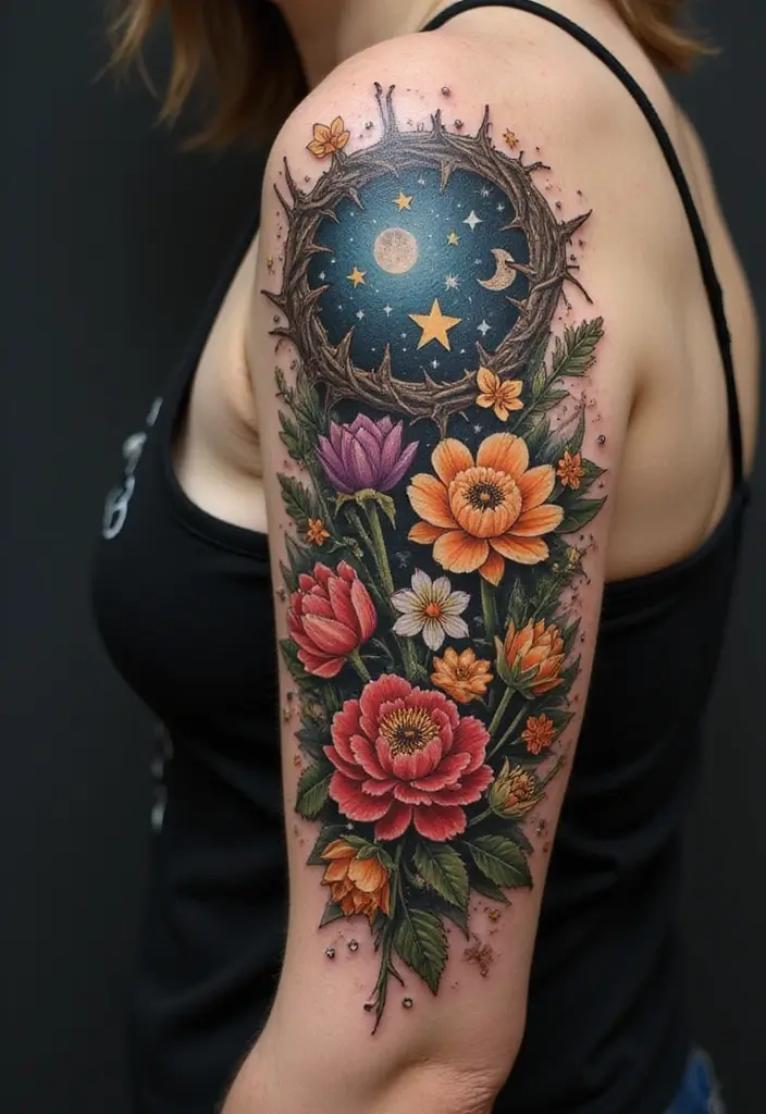 30 Crown of Thorns Bicep Tattoo Inspirations You’ll Admire - 23. Celestial Garden