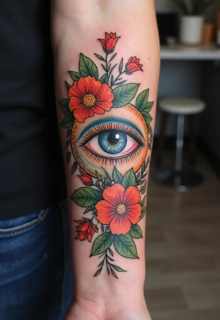 30 Greek Eye Tattoo Meaning and Stunning Design Ideas - 23. Greek Eye with Floral Accents