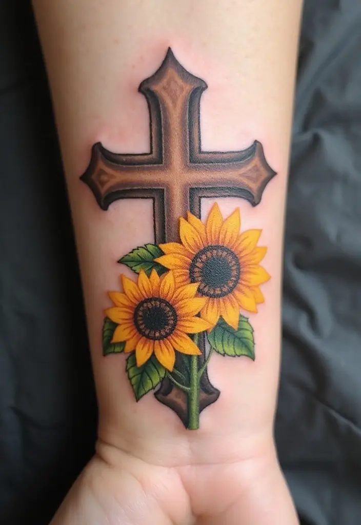 30 Hand Cross Tattoos That Blend Faith and Style - 23. Cross with Sunflowers