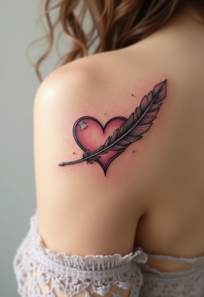 30 Heart Tattoos with Names to Celebrate Love and Bonds - 23. Heart with a Feather and Name