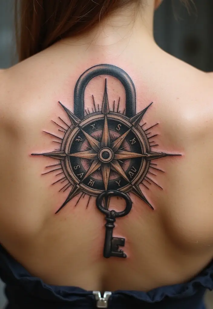 30 Key Lock Tattoo Ideas Symbolizing Love and Mystery - 23. Lock and Key with a Compass